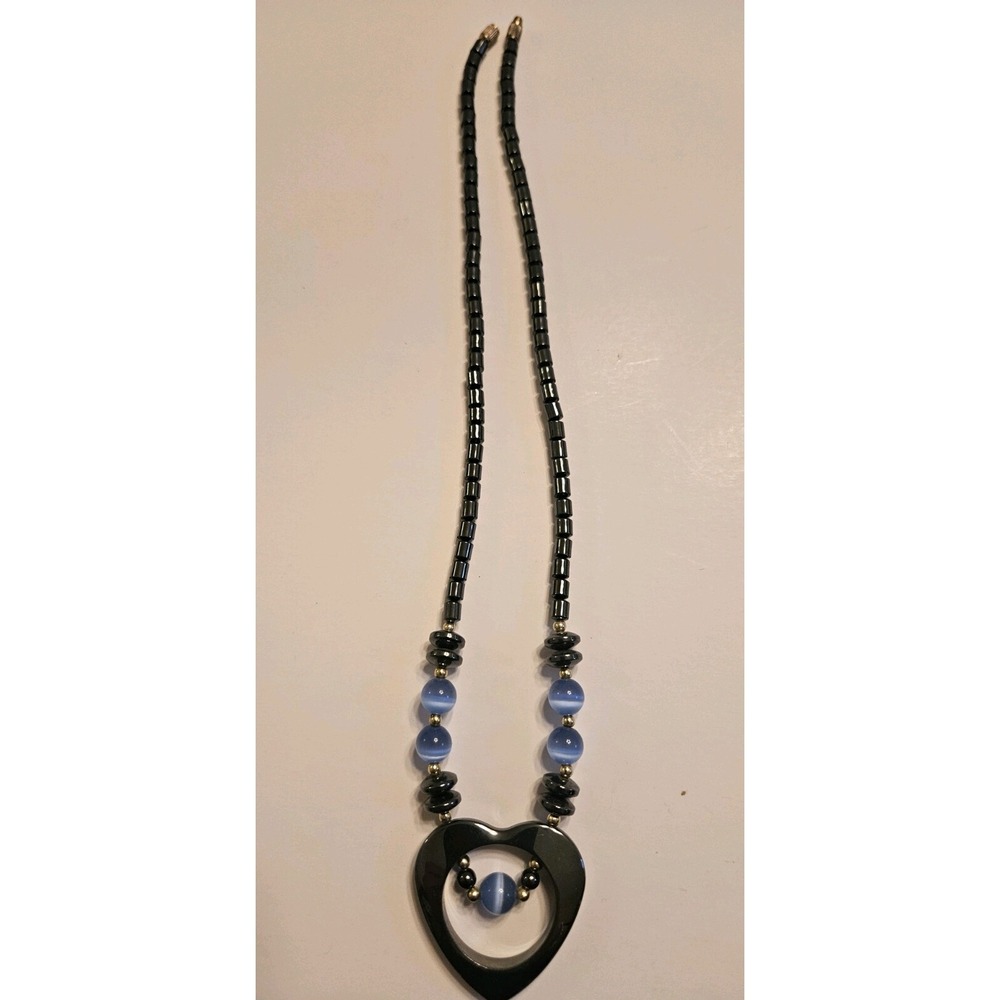 Hematite Healing Heart Pendant Necklace with Blue Crystal 18 inches